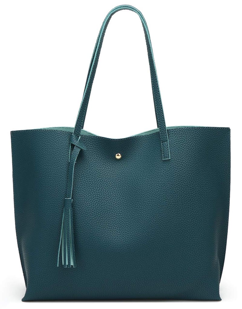 Dreubea Women's Soft Faux Leather Tote Shoulder Bag from, Big Capacity Tassel Handbag Dark Teal - Image 1